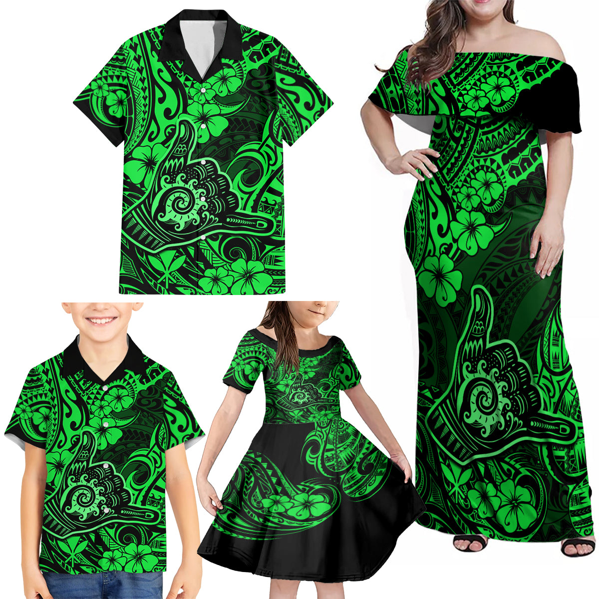Hawaii Shaka Sign Family Matching Off Shoulder Maxi Dress and Hawaiian Shirt With Polynesian Hibiscus Green Unique - Wonder Print Shop
