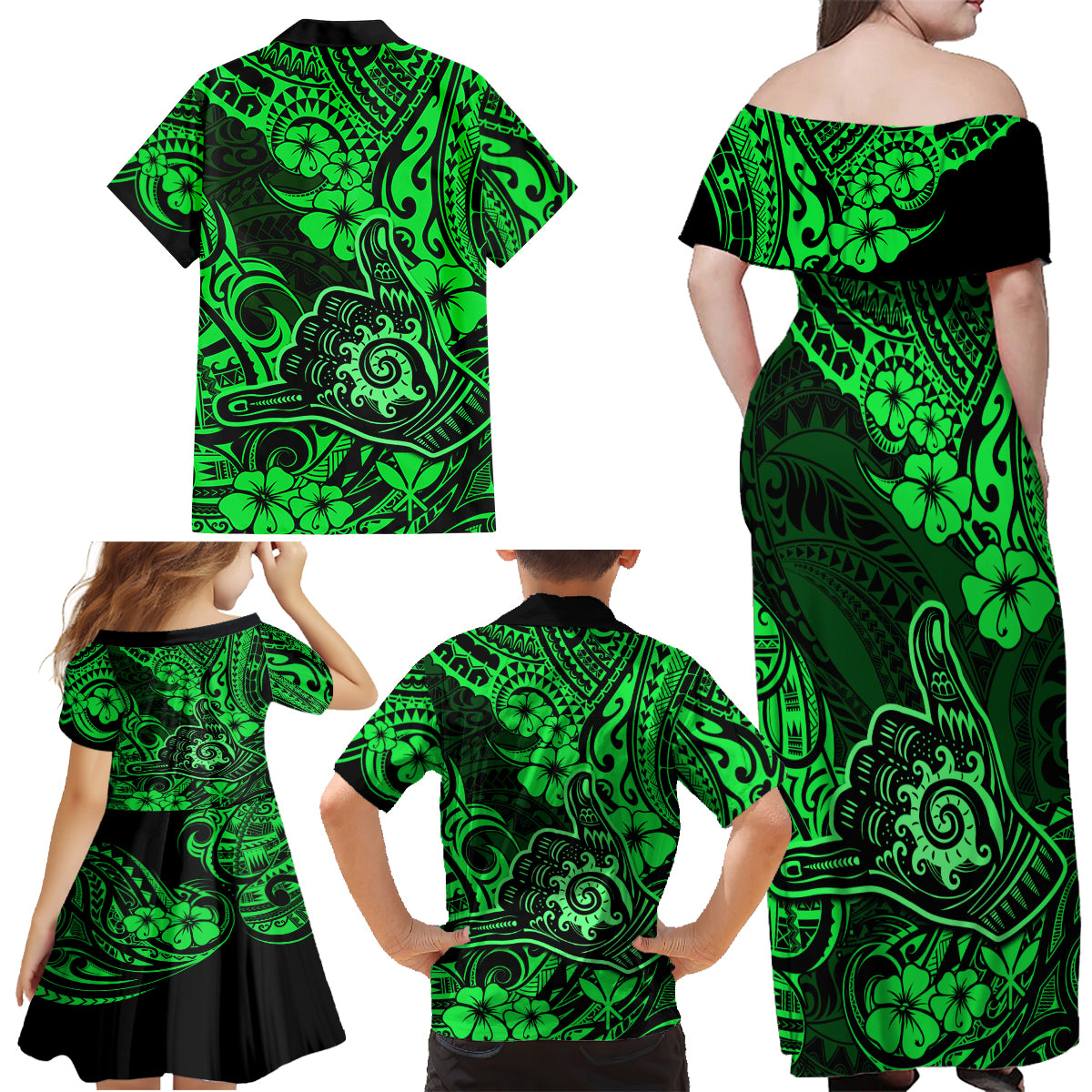 Hawaii Shaka Sign Family Matching Off Shoulder Maxi Dress and Hawaiian Shirt With Polynesian Hibiscus Green Unique - Wonder Print Shop
