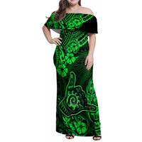 Hawaii Shaka Sign Family Matching Off Shoulder Maxi Dress and Hawaiian Shirt With Polynesian Hibiscus Green Unique - Wonder Print Shop