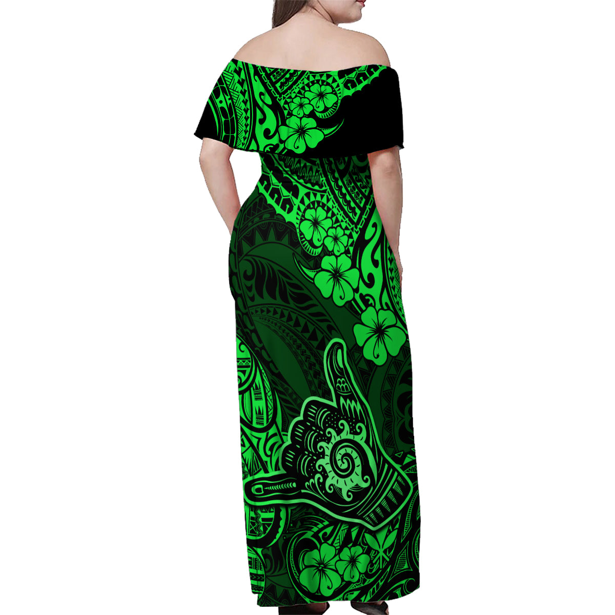 Hawaii Shaka Sign Family Matching Off Shoulder Maxi Dress and Hawaiian Shirt With Polynesian Hibiscus Green Unique - Wonder Print Shop