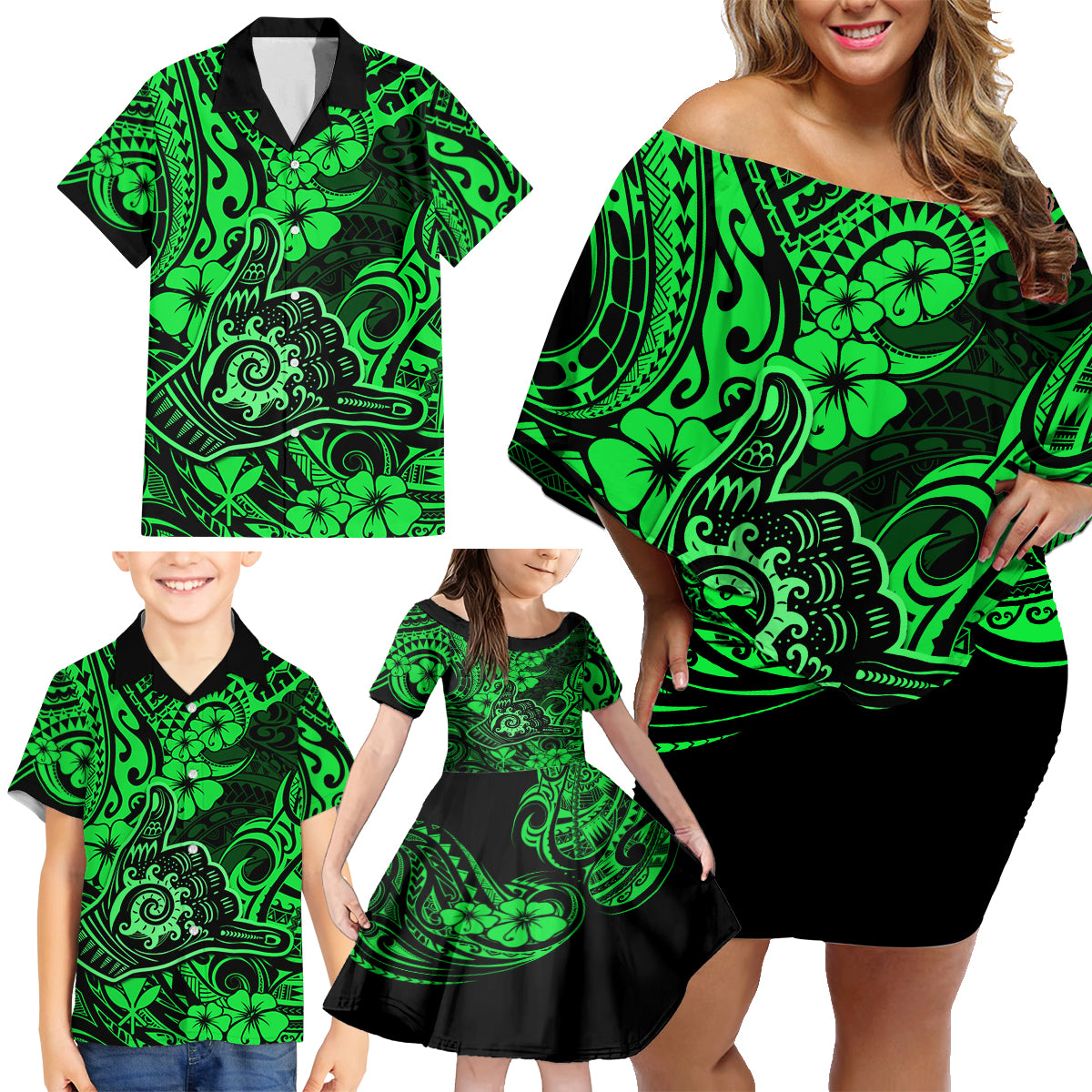 Hawaii Shaka Sign Family Matching Off Shoulder Short Dress and Hawaiian Shirt With Polynesian Hibiscus Green Unique - Wonder Print Shop
