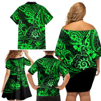 Hawaii Shaka Sign Family Matching Off Shoulder Short Dress and Hawaiian Shirt With Polynesian Hibiscus Green Unique - Wonder Print Shop