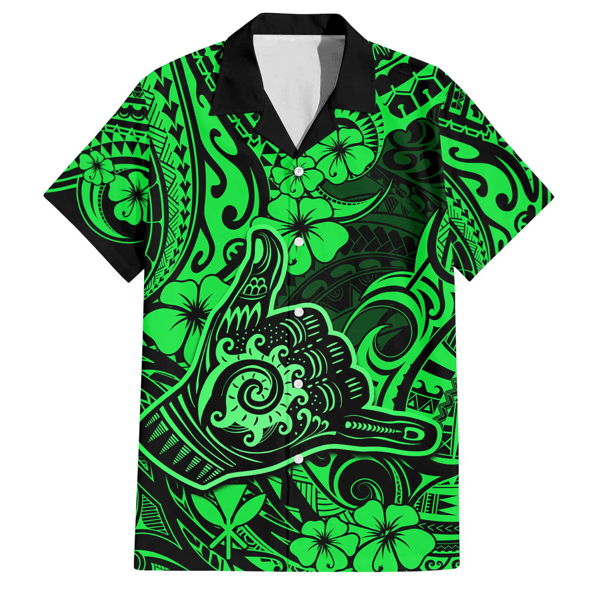Hawaii Shaka Sign Family Matching Off Shoulder Short Dress and Hawaiian Shirt With Polynesian Hibiscus Green Unique - Wonder Print Shop