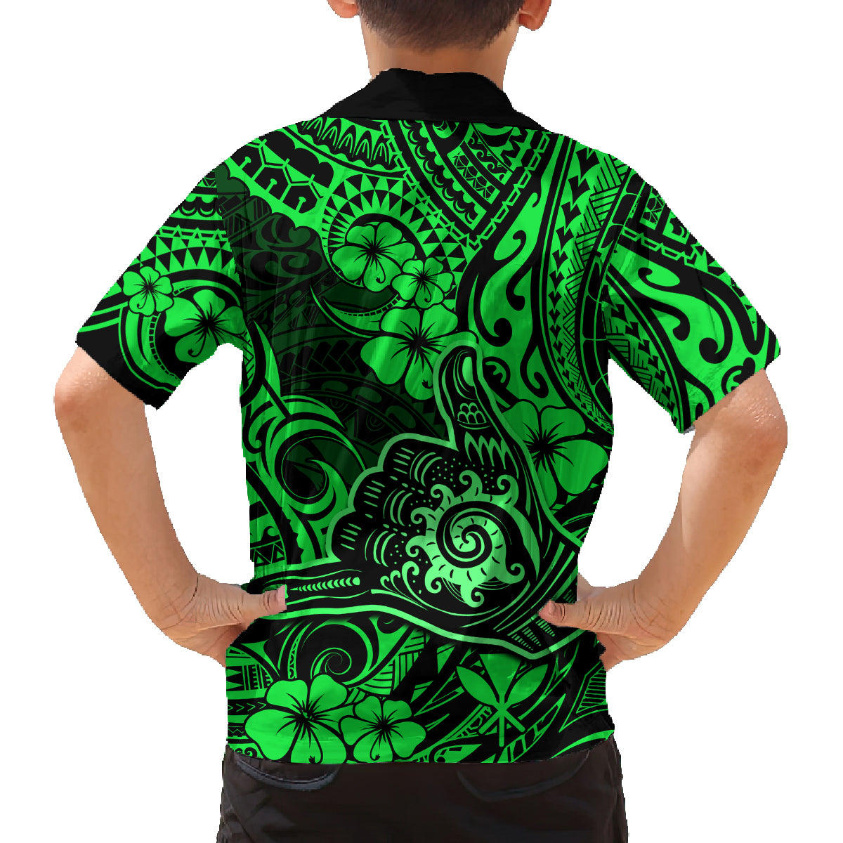Hawaii Shaka Sign Family Matching Puletasi Dress and Hawaiian Shirt With Polynesian Hibiscus Green Unique - Wonder Print Shop