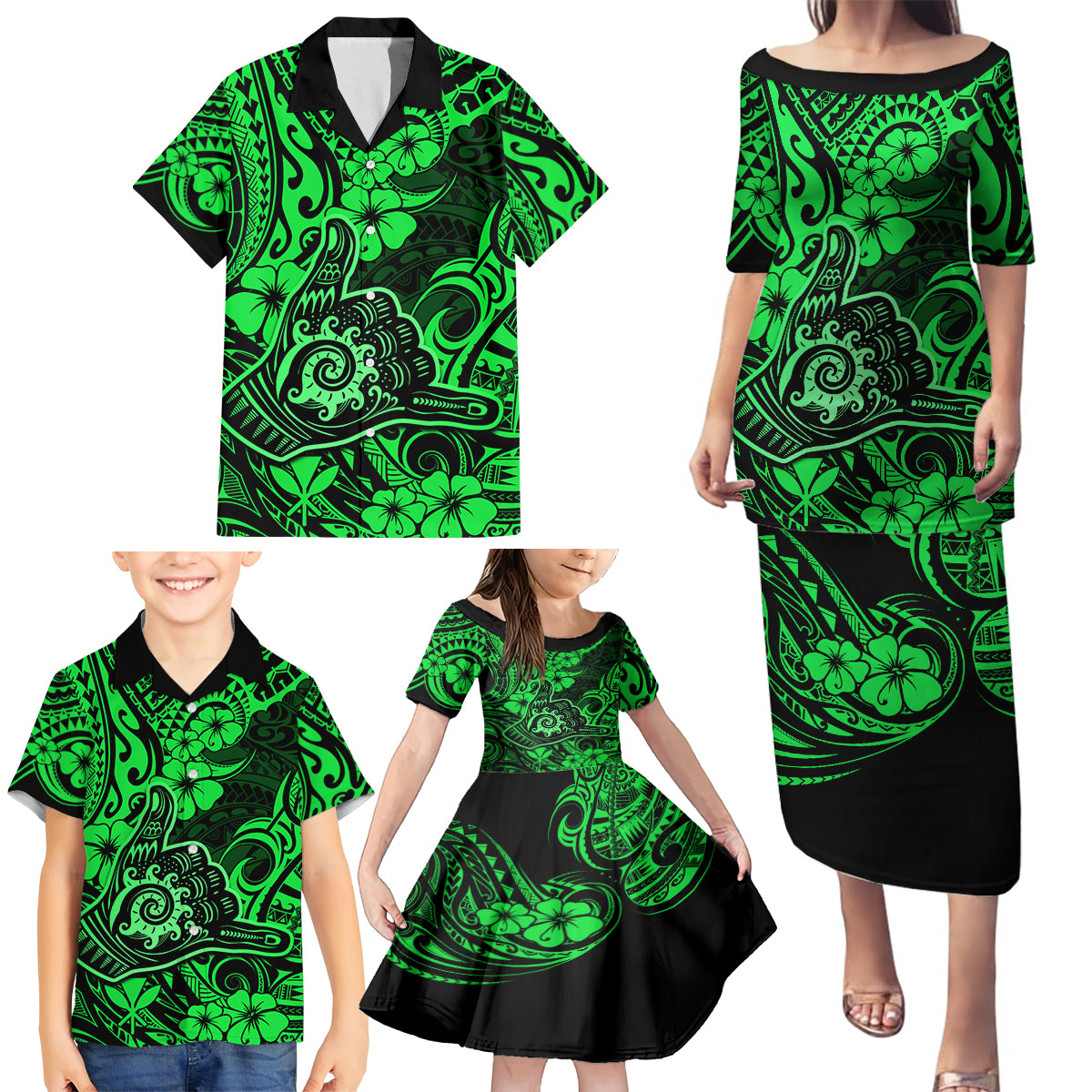 Hawaii Shaka Sign Family Matching Puletasi Dress and Hawaiian Shirt With Polynesian Hibiscus Green Unique - Wonder Print Shop