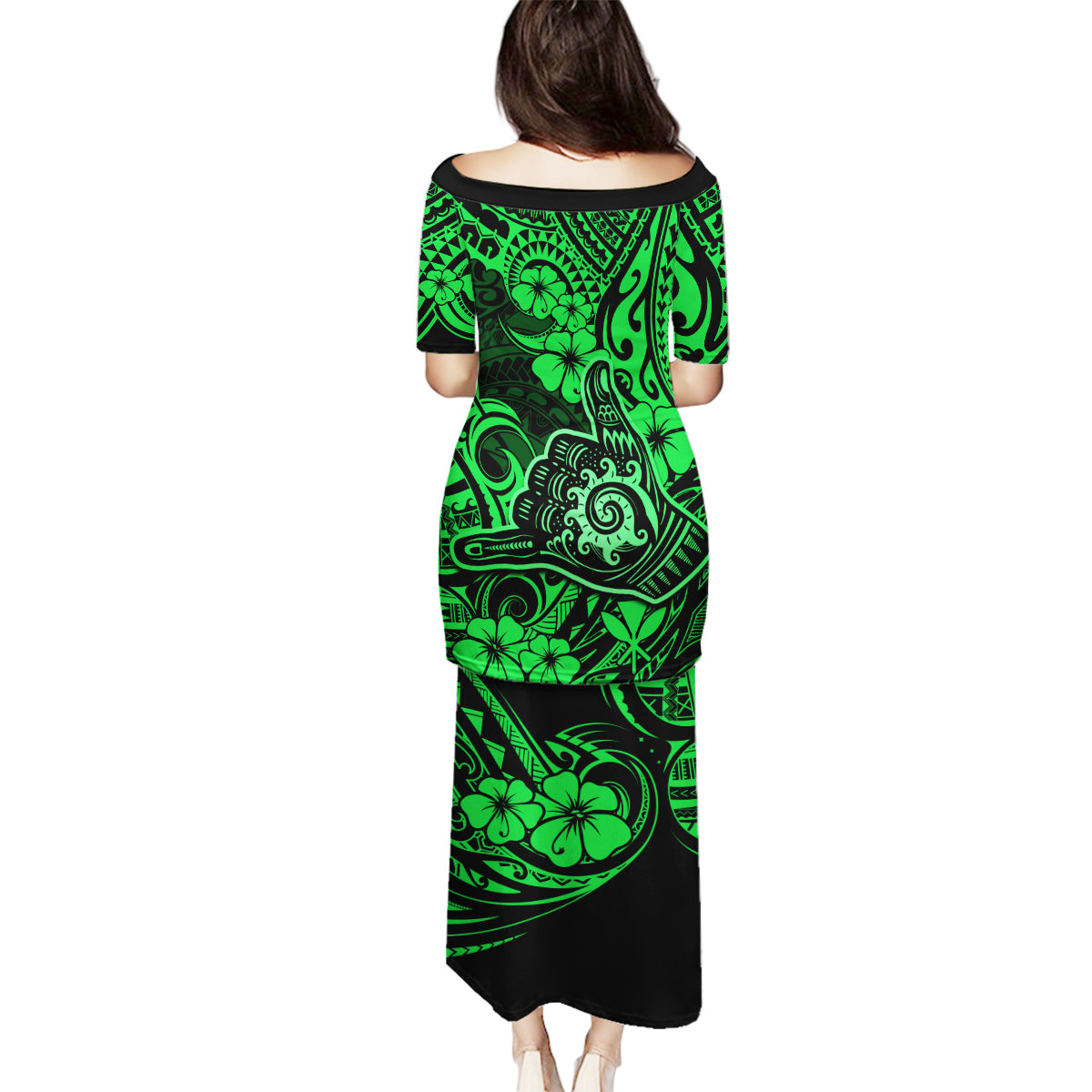 Hawaii Shaka Sign Family Matching Puletasi Dress and Hawaiian Shirt With Polynesian Hibiscus Green Unique - Wonder Print Shop
