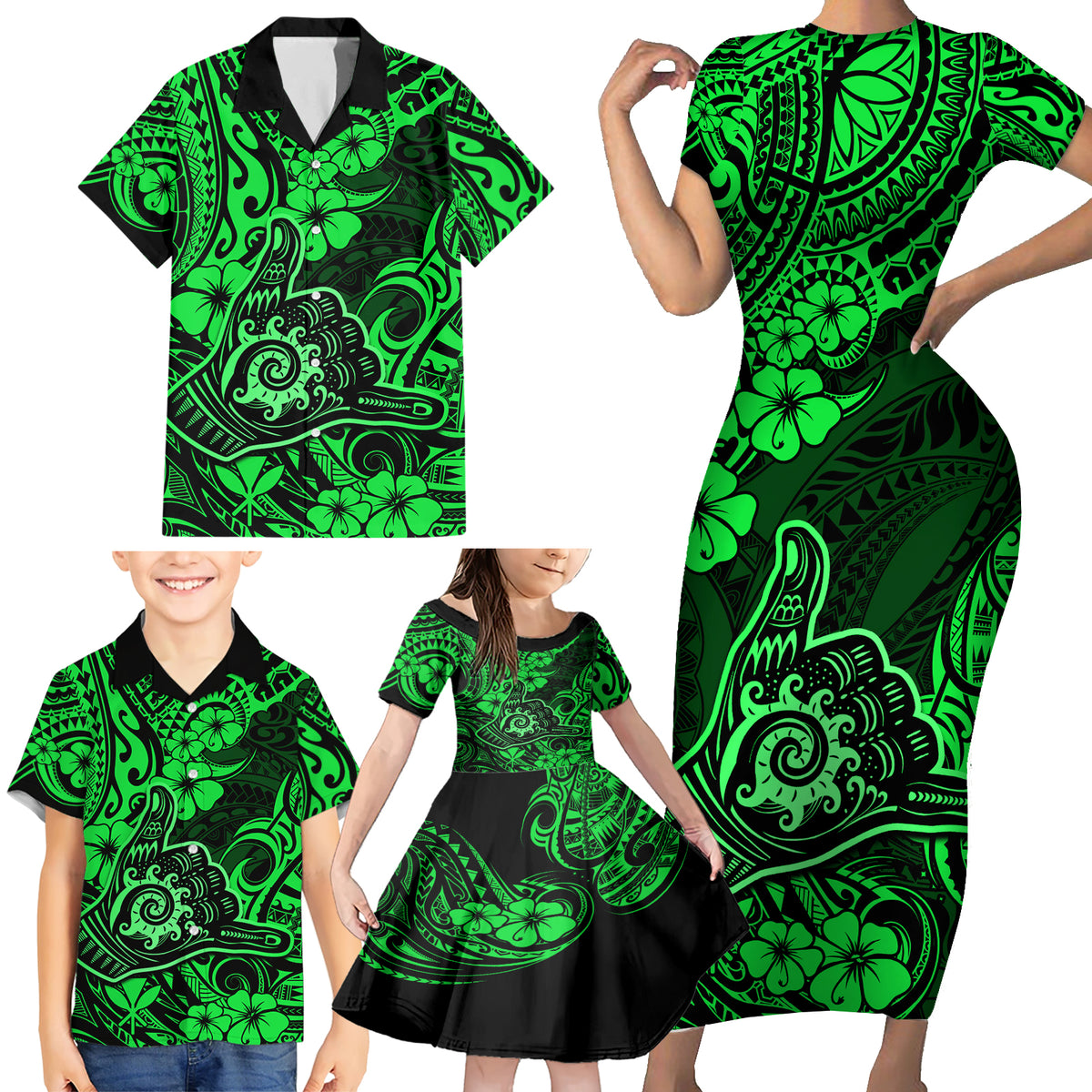 Hawaii Shaka Sign Family Matching Short Sleeve Bodycon Dress and Hawaiian Shirt With Polynesian Hibiscus Green Unique - Wonder Print Shop