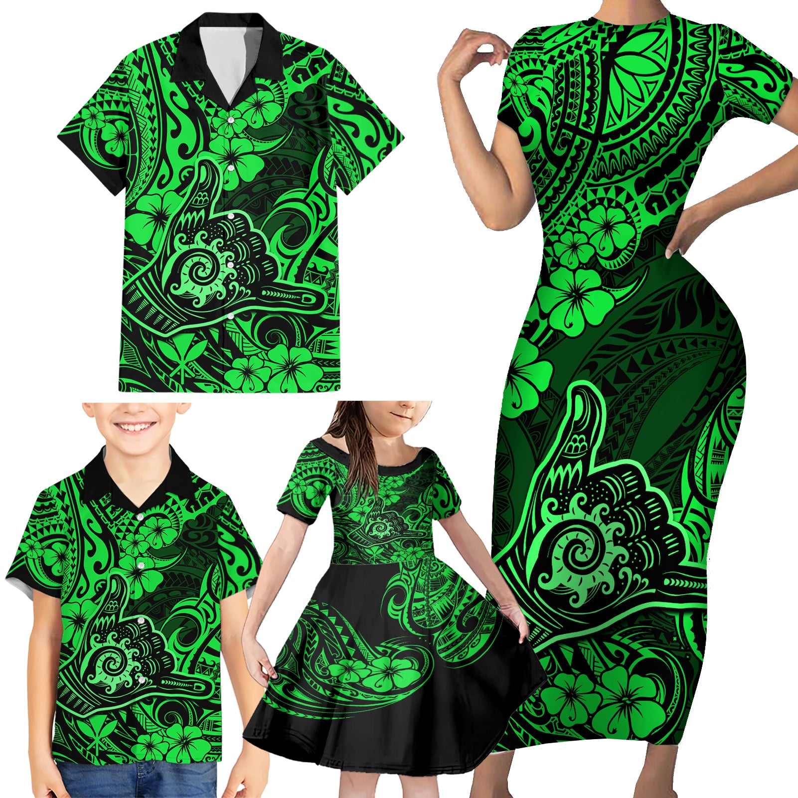 Hawaii Shaka Sign Family Matching Short Sleeve Bodycon Dress and Hawaiian Shirt With Polynesian Hibiscus Green Unique - Wonder Print Shop
