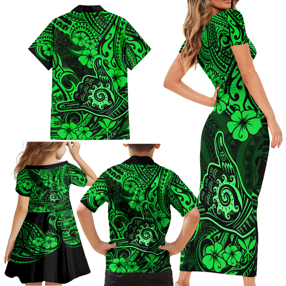 Hawaii Shaka Sign Family Matching Short Sleeve Bodycon Dress and Hawaiian Shirt With Polynesian Hibiscus Green Unique - Wonder Print Shop
