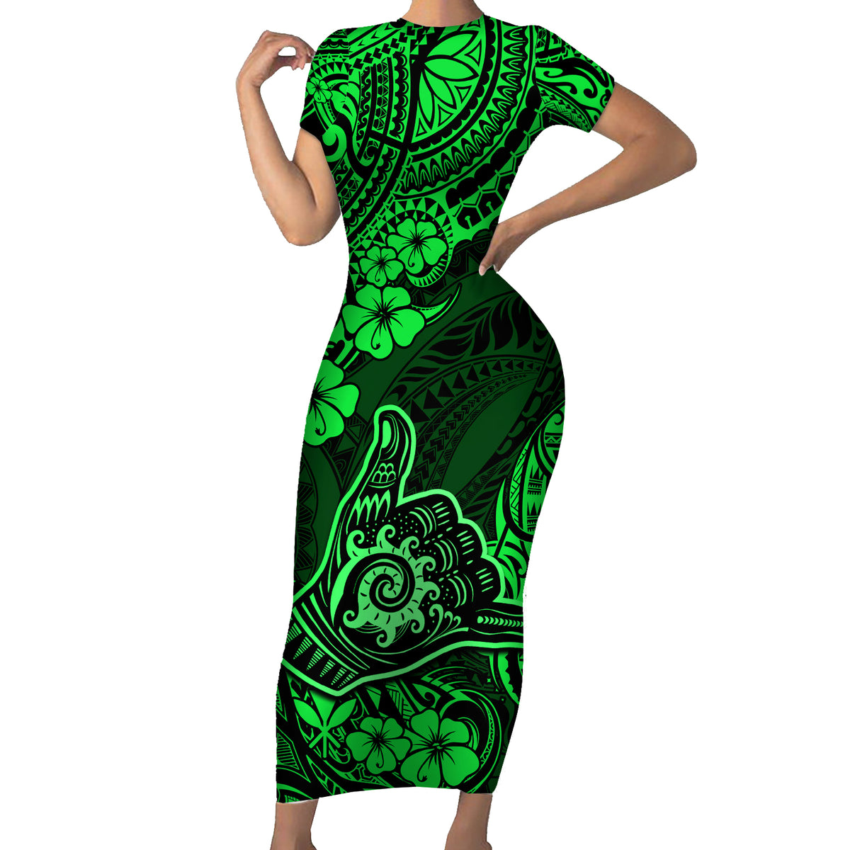 Hawaii Shaka Sign Family Matching Short Sleeve Bodycon Dress and Hawaiian Shirt With Polynesian Hibiscus Green Unique - Wonder Print Shop