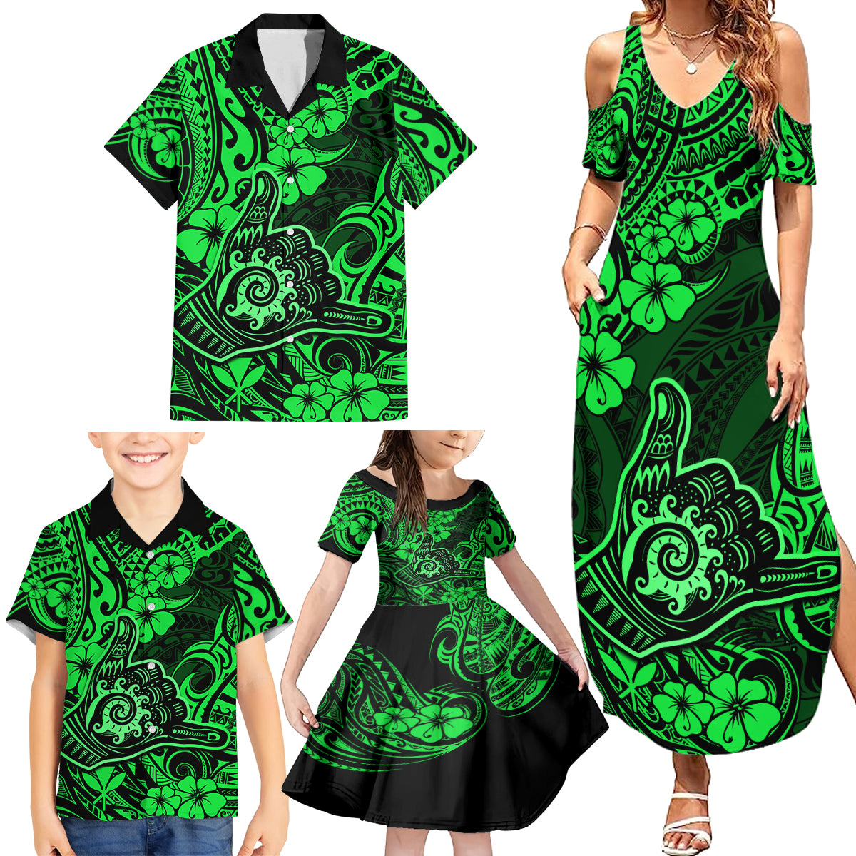 Hawaii Shaka Sign Family Matching Summer Maxi Dress and Hawaiian Shirt With Polynesian Hibiscus Green Unique - Wonder Print Shop