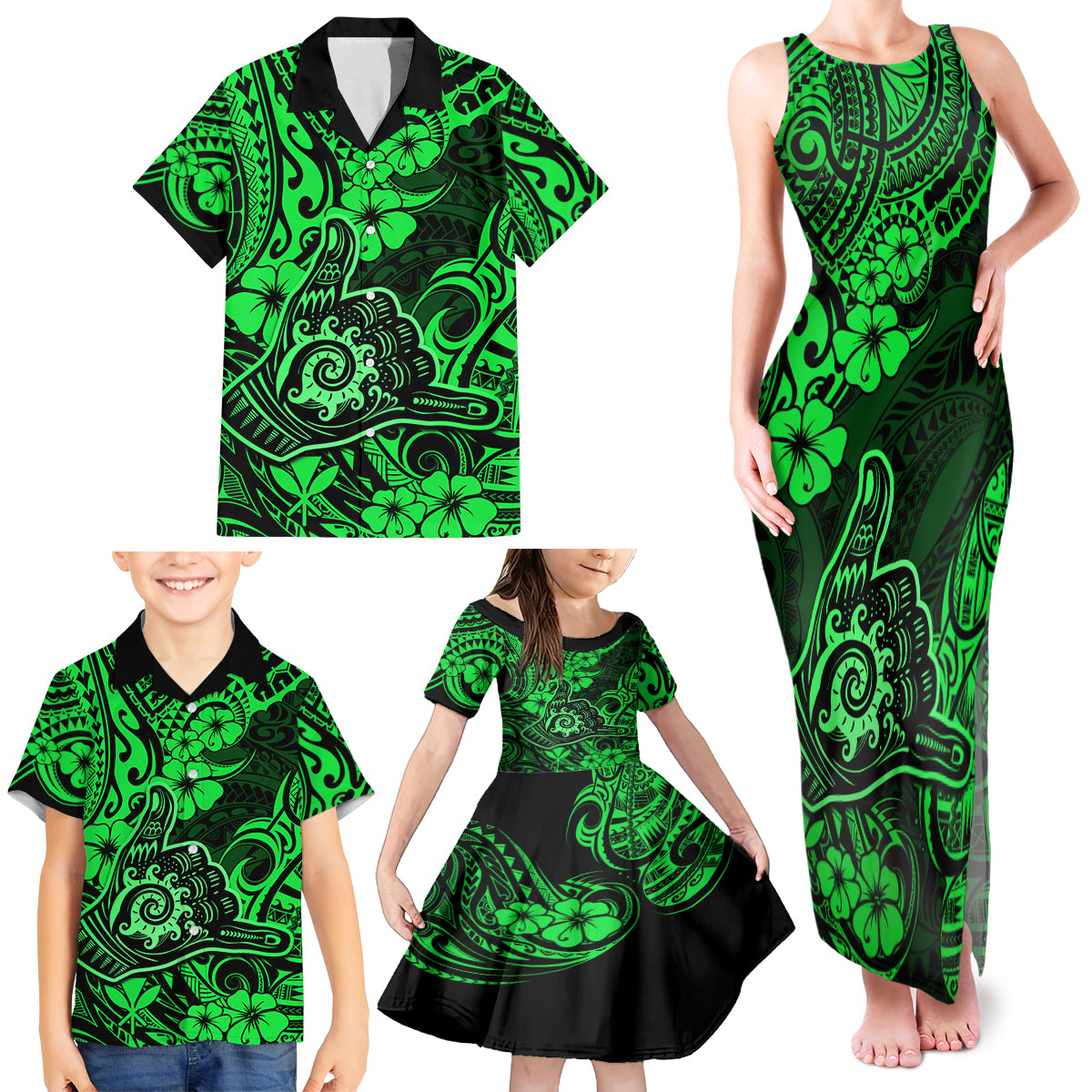 Hawaii Shaka Sign Family Matching Tank Maxi Dress and Hawaiian Shirt With Polynesian Hibiscus Green Unique - Wonder Print Shop