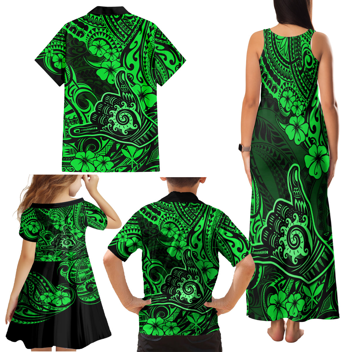 Hawaii Shaka Sign Family Matching Tank Maxi Dress and Hawaiian Shirt With Polynesian Hibiscus Green Unique - Wonder Print Shop