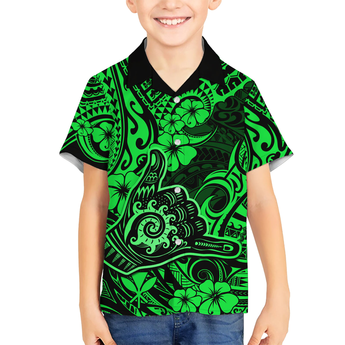 Hawaii Shaka Sign Hawaiian Shirt With Polynesian Hibiscus Green Unique - Wonder Print Shop
