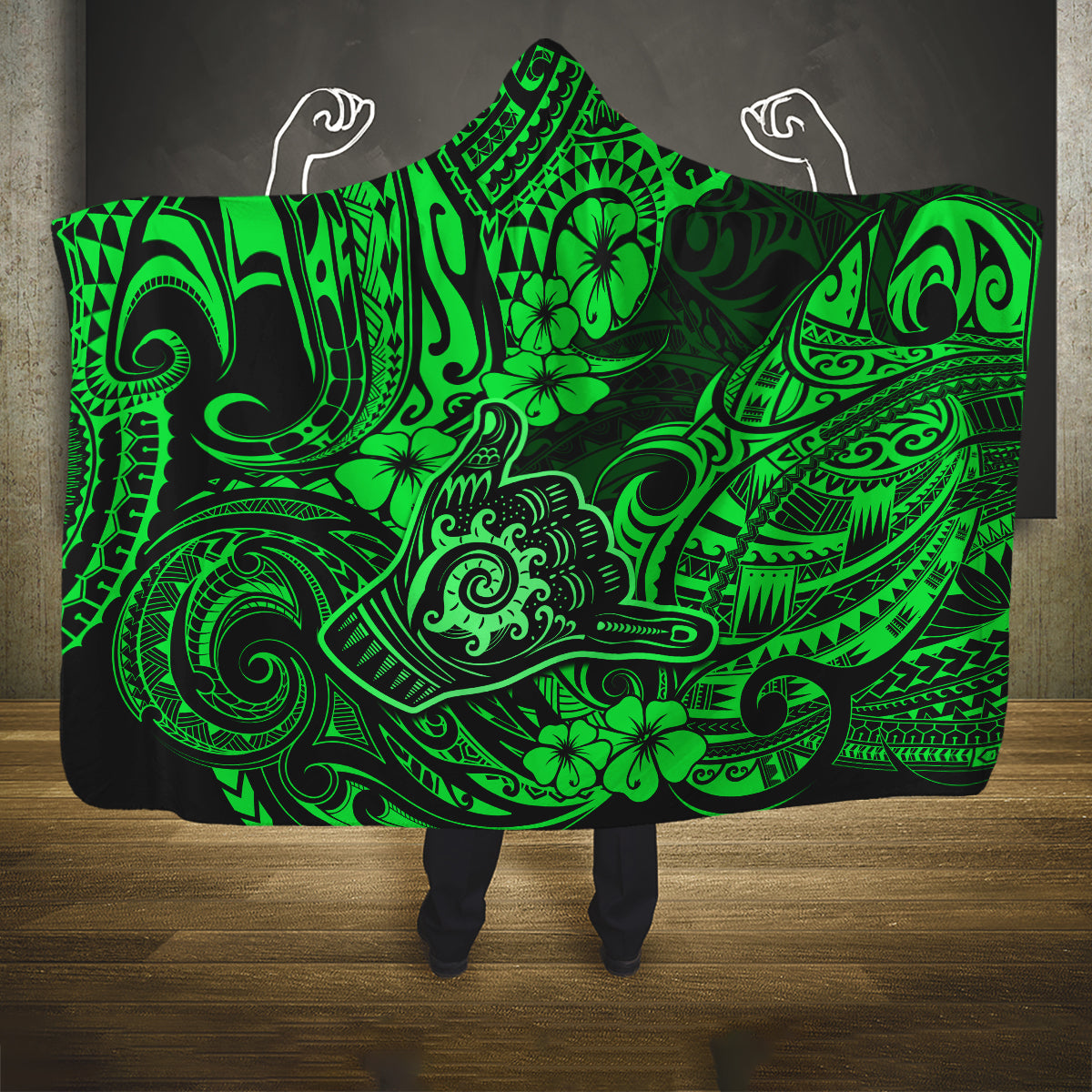 hawaii-shaka-sign-hooded-blanket-with-polynesian-hibiscus-green-unique