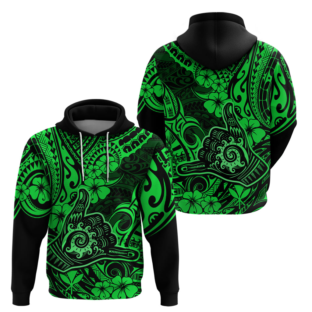 Hawaii Shaka Sign Hoodie With Polynesian Hibiscus Green Unique - Wonder Print Shop