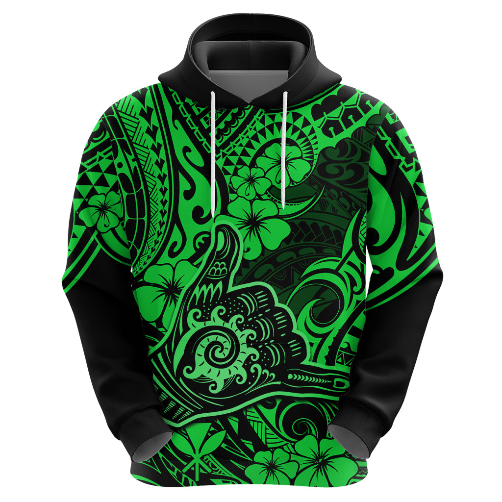 Hawaii Shaka Sign Hoodie With Polynesian Hibiscus Green Unique - Wonder Print Shop