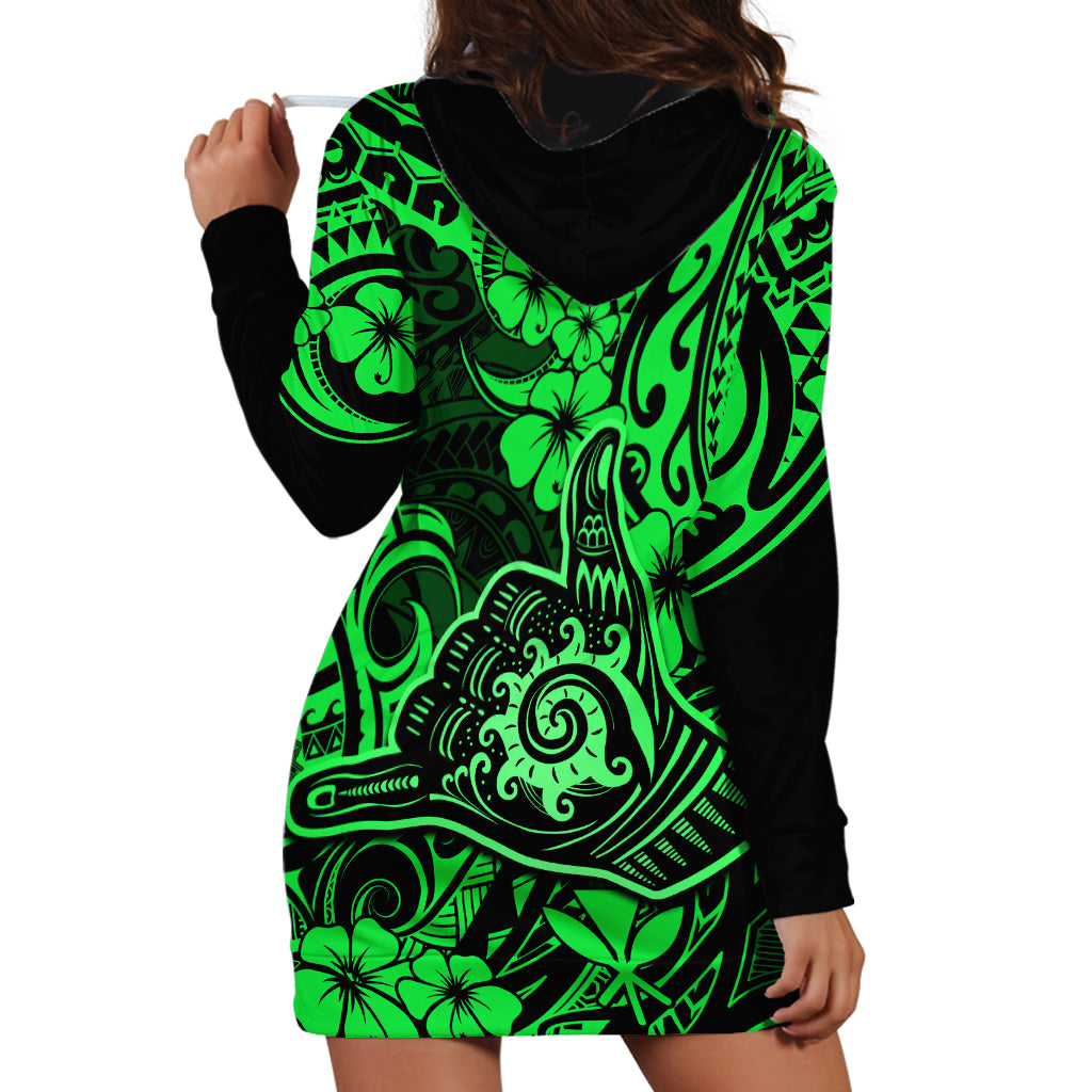 Hawaii Shaka Sign Hoodie Dress With Polynesian Hibiscus Green Unique - Wonder Print Shop