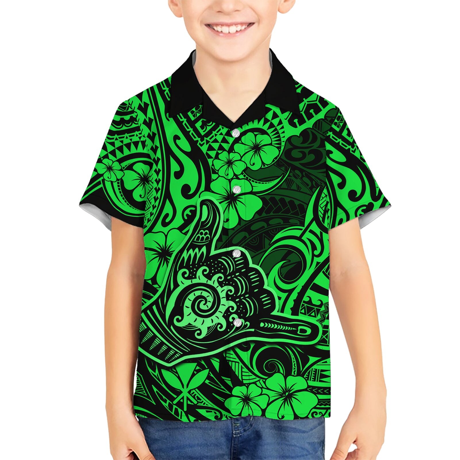 Hawaii Shaka Sign Kid Hawaiian Shirt With Polynesian Hibiscus Green Unique - Wonder Print Shop
