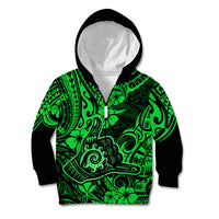 Hawaii Shaka Sign Kid Hoodie With Polynesian Hibiscus Green Unique - Wonder Print Shop