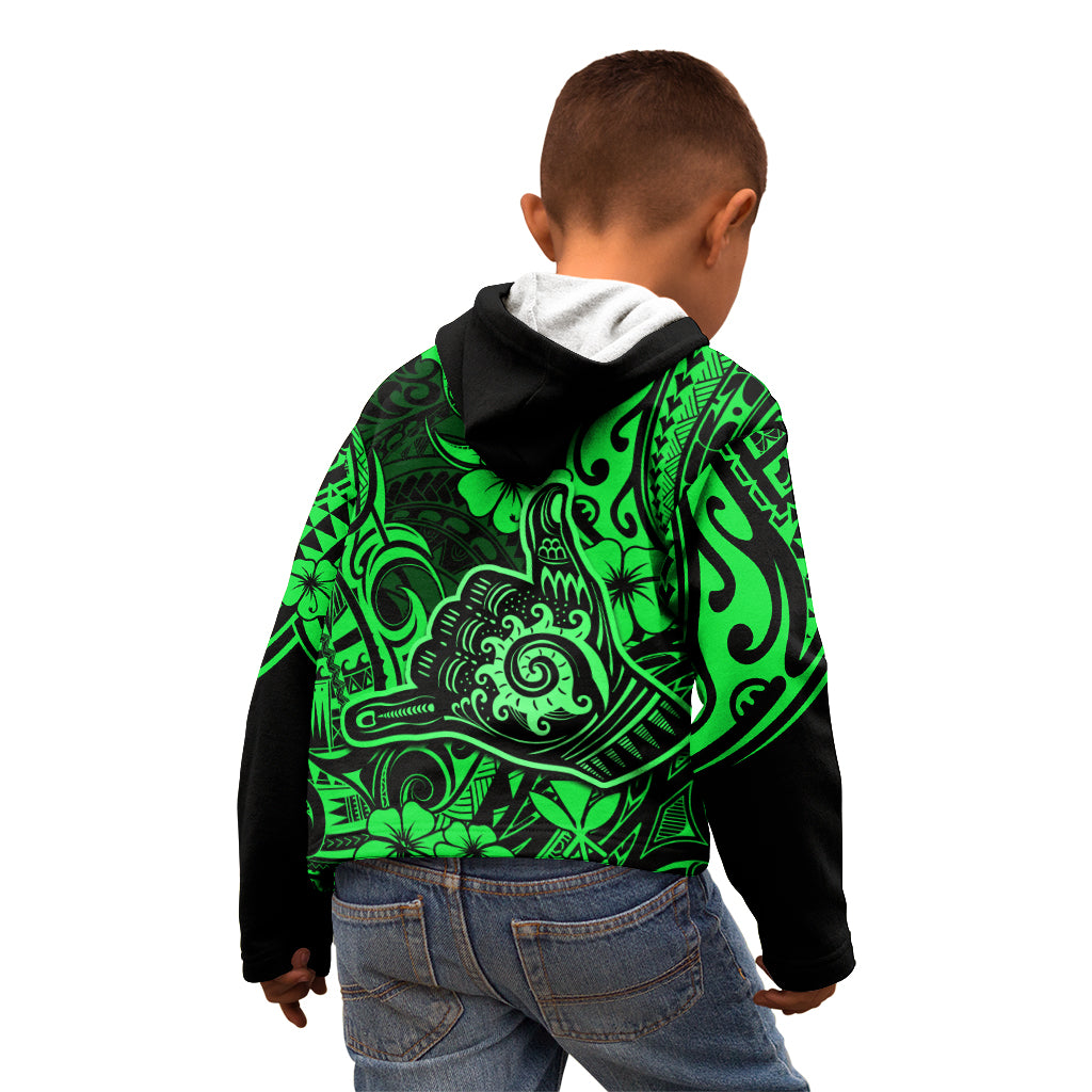 Hawaii Shaka Sign Kid Hoodie With Polynesian Hibiscus Green Unique - Wonder Print Shop