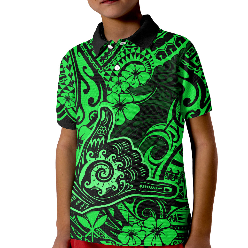 Hawaii Shaka Sign Kid Polo Shirt With Polynesian Hibiscus Green Unique - Wonder Print Shop
