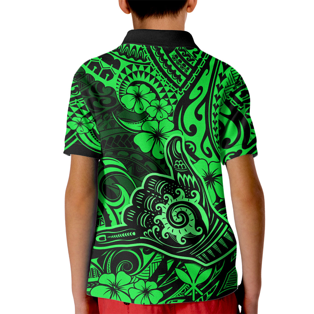 Hawaii Shaka Sign Kid Polo Shirt With Polynesian Hibiscus Green Unique - Wonder Print Shop