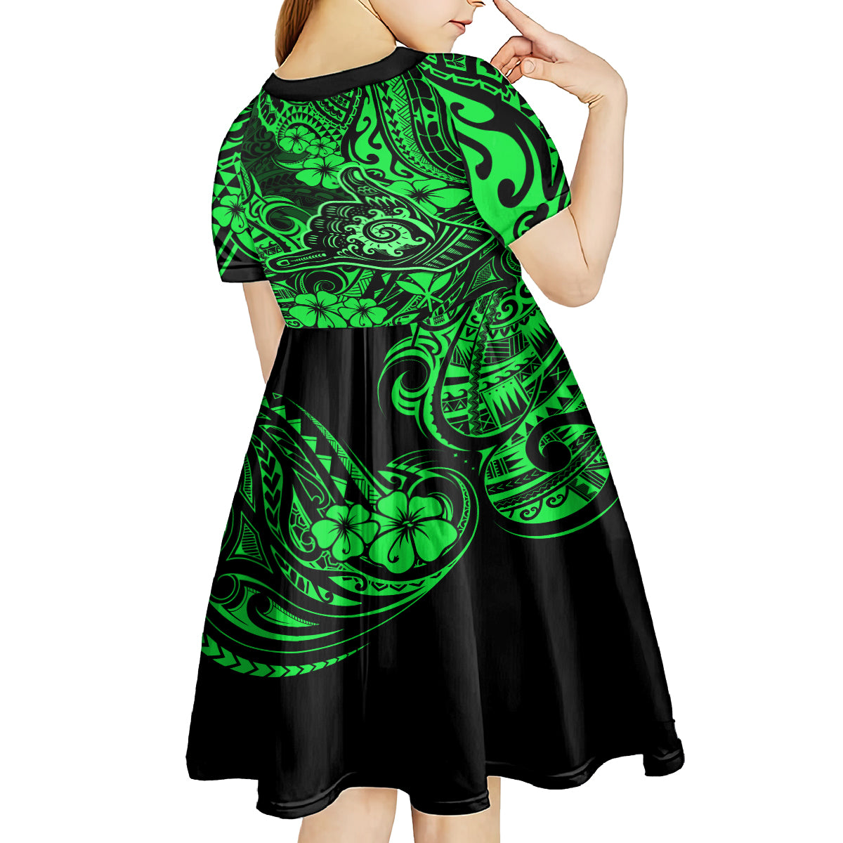 Hawaii Shaka Sign Kid Short Sleeve Dress With Polynesian Hibiscus Green Unique - Wonder Print Shop