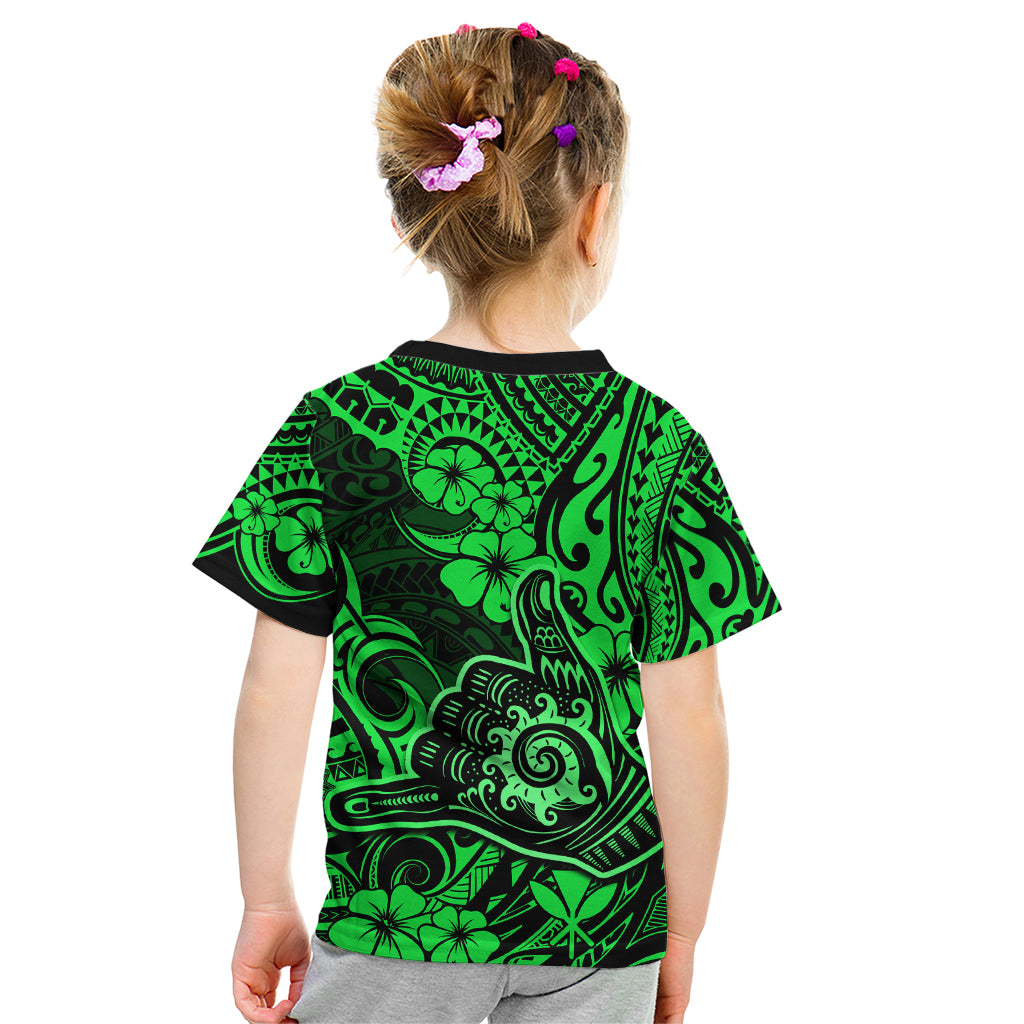 Hawaii Shaka Sign Kid T Shirt With Polynesian Hibiscus Green Unique - Wonder Print Shop