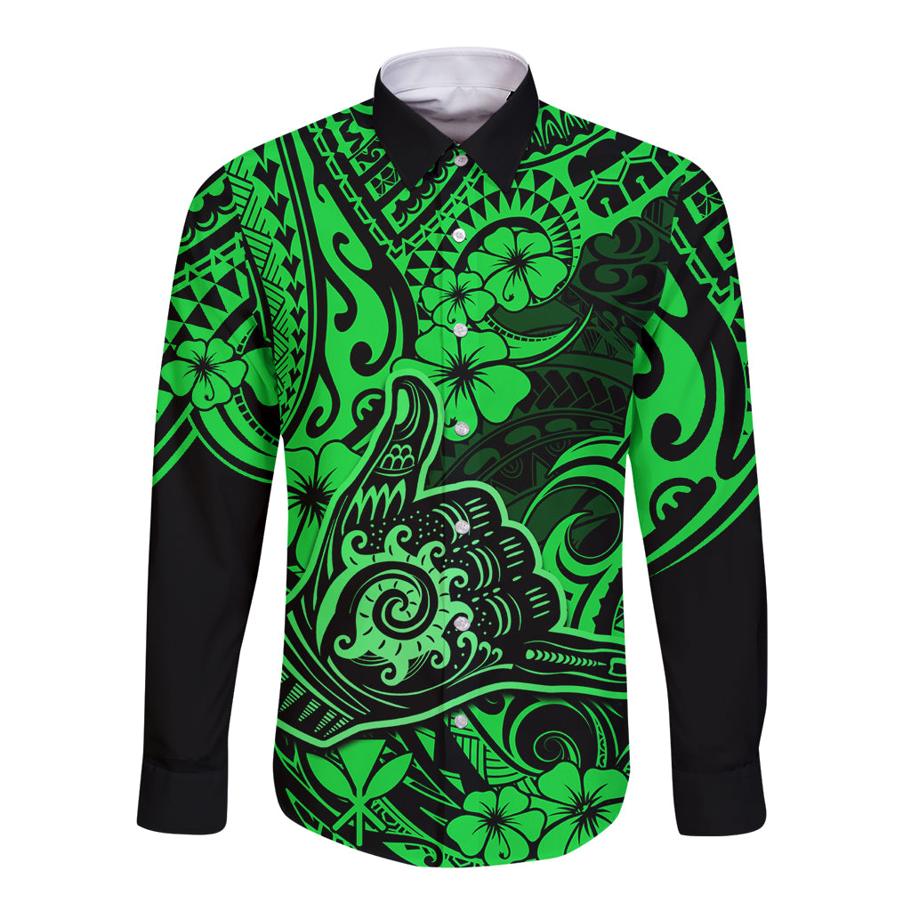 Hawaii Shaka Sign Long Sleeve Button Shirt With Polynesian Hibiscus Green Unique - Wonder Print Shop