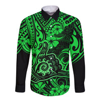 Hawaii Shaka Sign Long Sleeve Button Shirt With Polynesian Hibiscus Green Unique - Wonder Print Shop