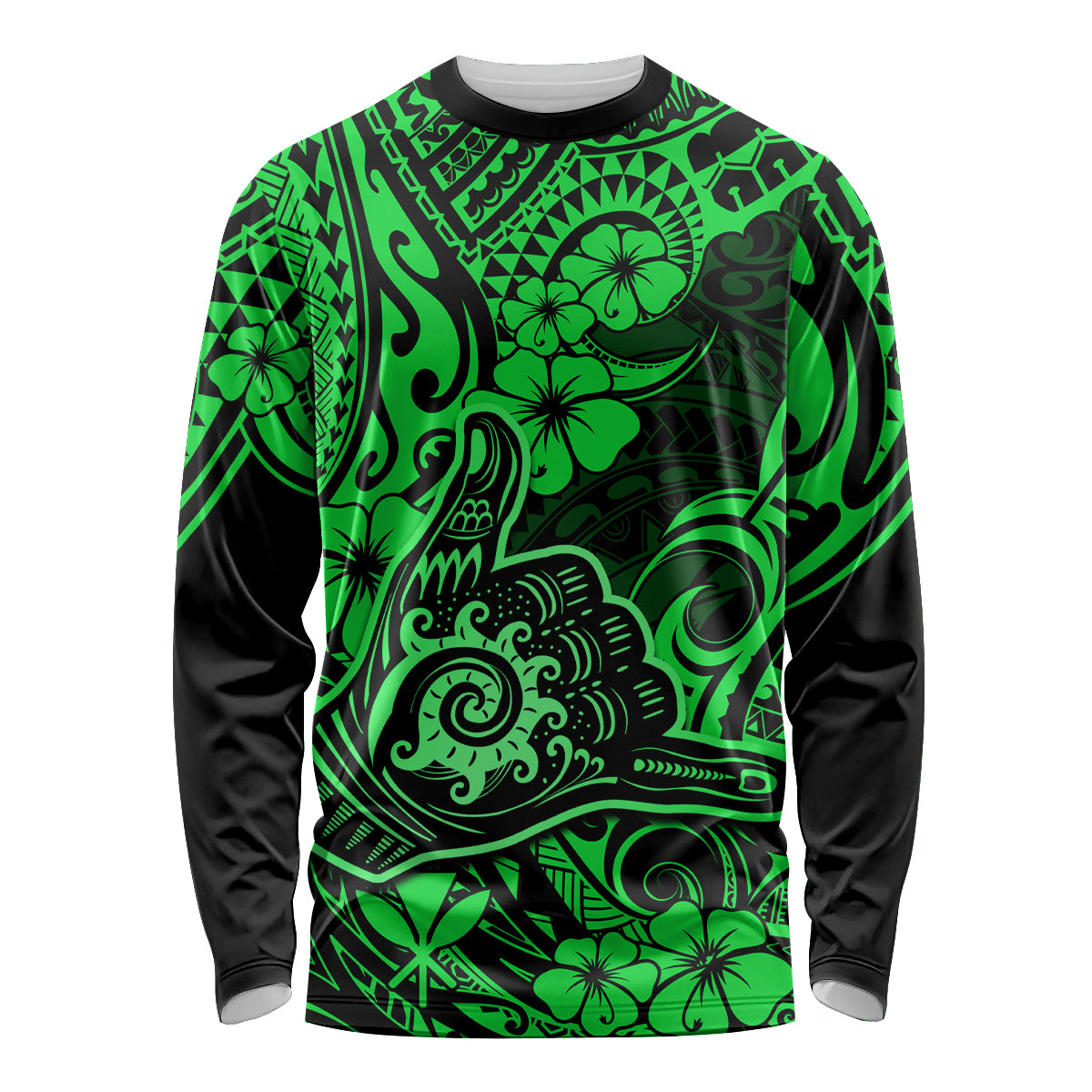 Hawaii Shaka Sign Long Sleeve Shirt With Polynesian Hibiscus Green Unique - Wonder Print Shop