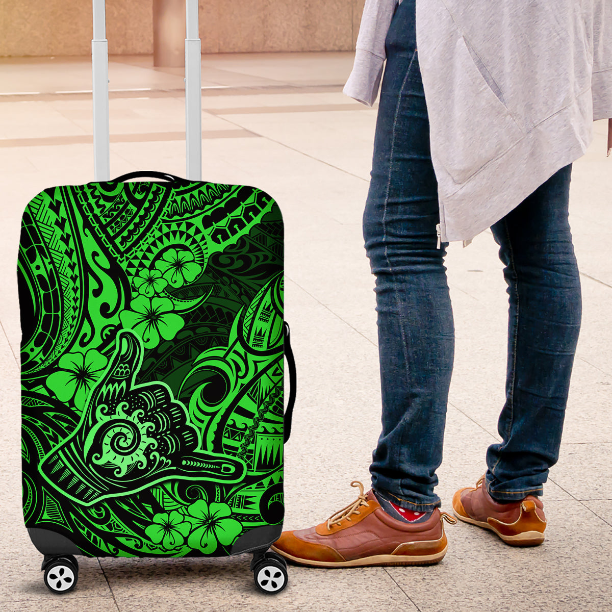 Hawaii Shaka Sign Luggage Cover With Polynesian Hibiscus Green Unique - Wonder Print Shop