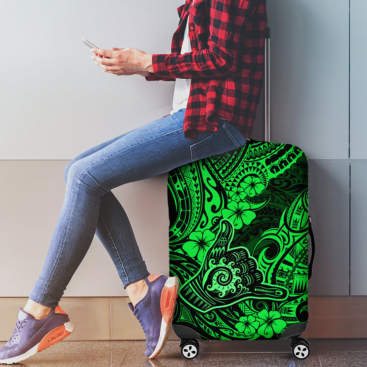 Hawaii Shaka Sign Luggage Cover With Polynesian Hibiscus Green Unique - Wonder Print Shop