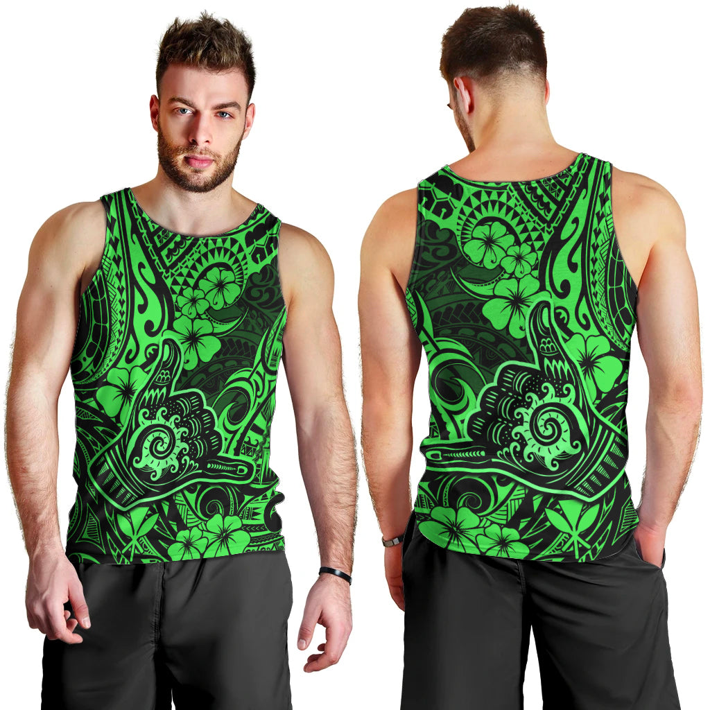 Hawaii Shaka Sign Men Tank Top With Polynesian Hibiscus Green Unique - Wonder Print Shop