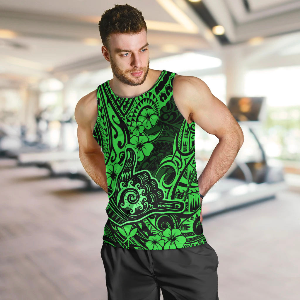 Hawaii Shaka Sign Men Tank Top With Polynesian Hibiscus Green Unique - Wonder Print Shop