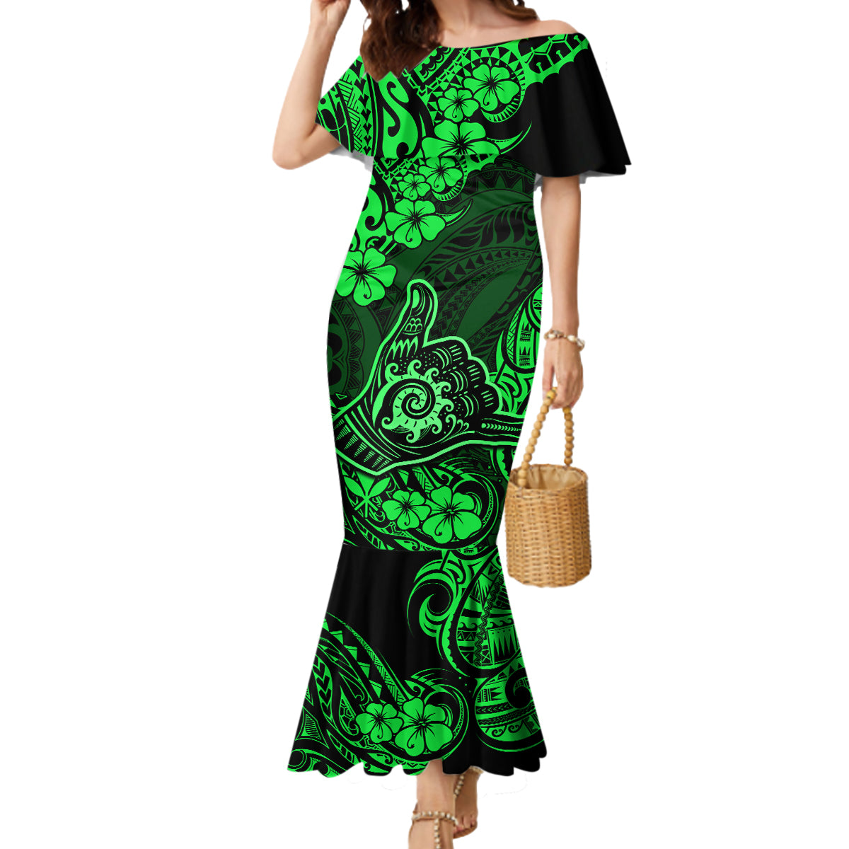 Hawaii Shaka Sign Mermaid Dress With Polynesian Hibiscus Green Unique - Wonder Print Shop