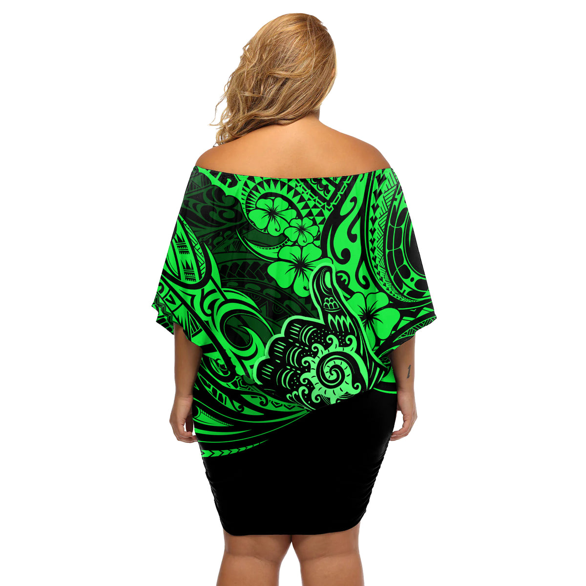Hawaii Shaka Sign Off Shoulder Short Dress With Polynesian Hibiscus Green Unique - Wonder Print Shop