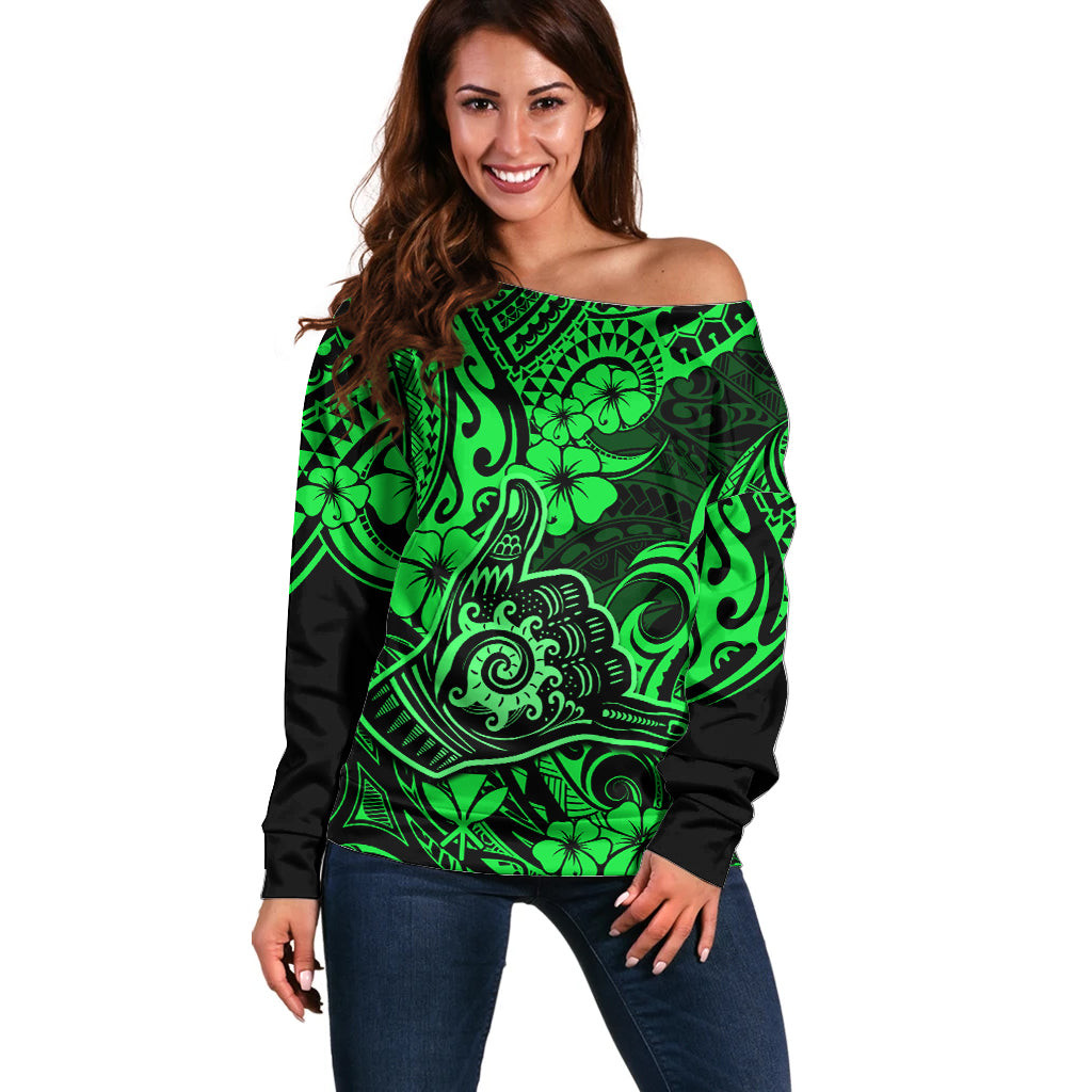 Hawaii Shaka Sign Off Shoulder Sweater With Polynesian Hibiscus Green Unique - Wonder Print Shop