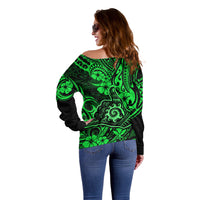 Hawaii Shaka Sign Off Shoulder Sweater With Polynesian Hibiscus Green Unique - Wonder Print Shop