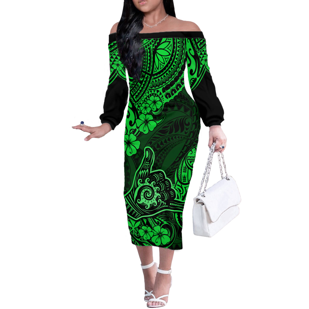 Hawaii Shaka Sign Off The Shoulder Long Sleeve Dress With Polynesian Hibiscus Green Unique - Wonder Print Shop