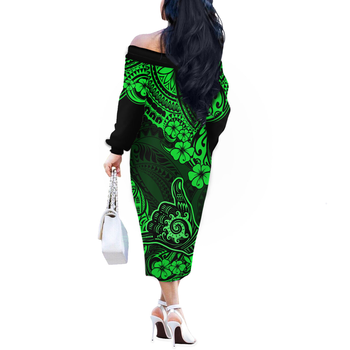 Hawaii Shaka Sign Off The Shoulder Long Sleeve Dress With Polynesian Hibiscus Green Unique - Wonder Print Shop