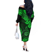 Hawaii Shaka Sign Off The Shoulder Long Sleeve Dress With Polynesian Hibiscus Green Unique - Wonder Print Shop