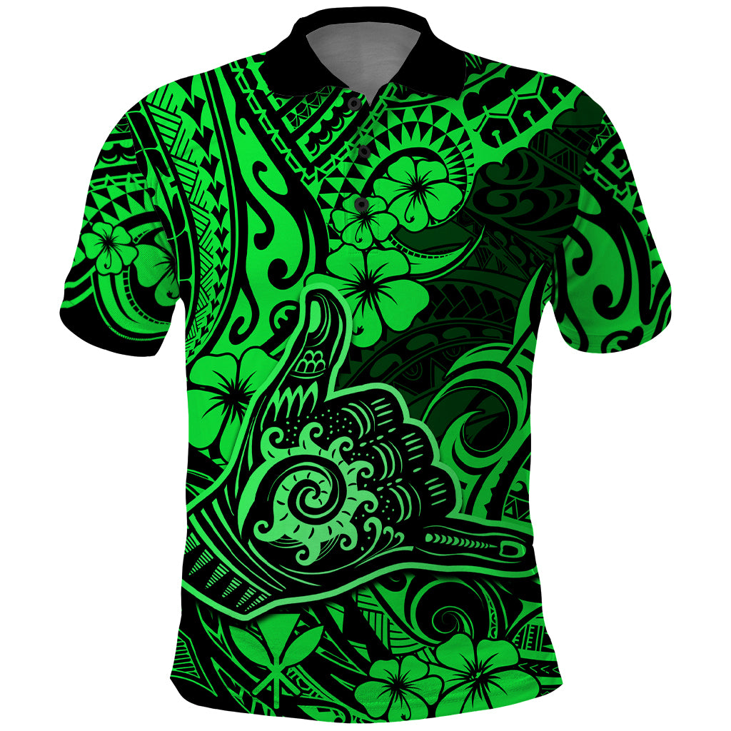 Hawaii Shaka Sign Polo Shirt With Polynesian Hibiscus Green Unique - Wonder Print Shop