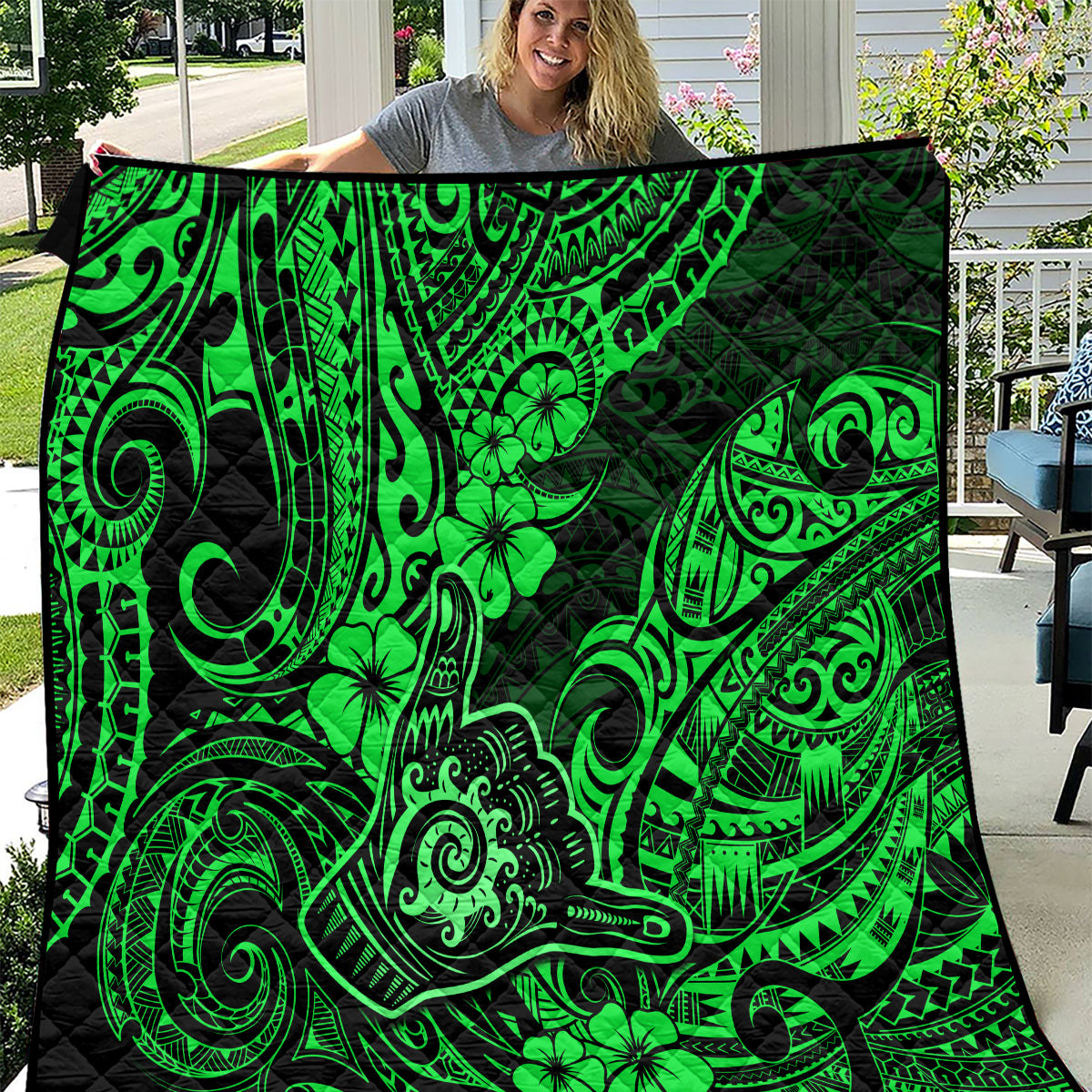 Hawaii Shaka Sign Quilt With Polynesian Hibiscus Green Unique - Wonder Print Shop