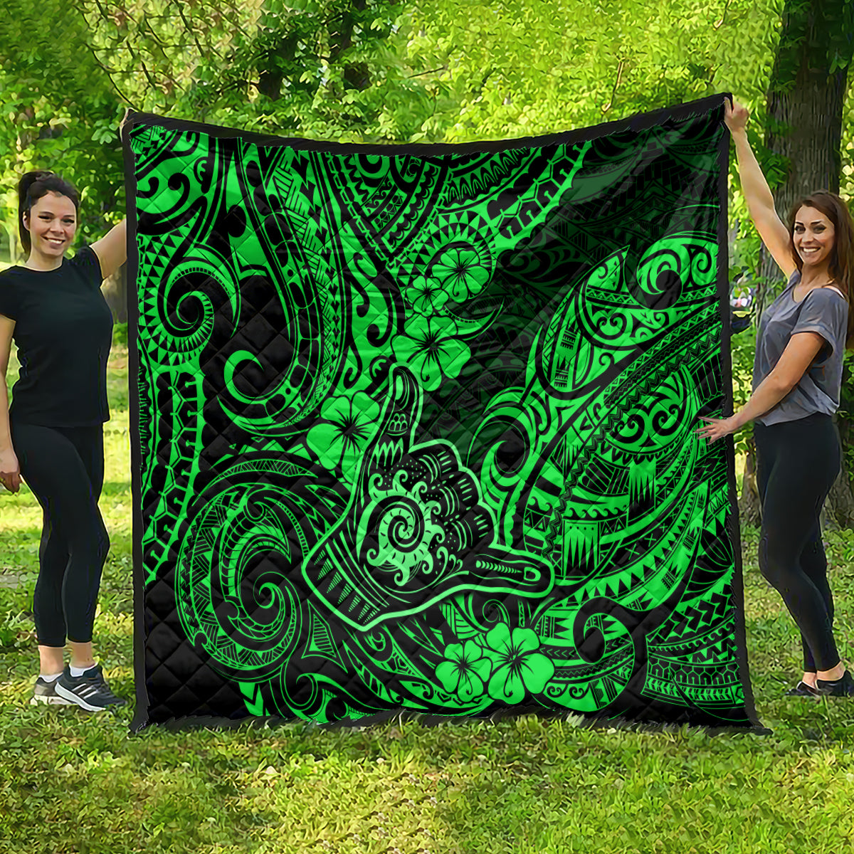 Hawaii Shaka Sign Quilt With Polynesian Hibiscus Green Unique - Wonder Print Shop
