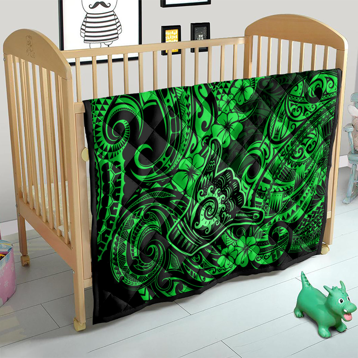 Hawaii Shaka Sign Quilt With Polynesian Hibiscus Green Unique - Wonder Print Shop