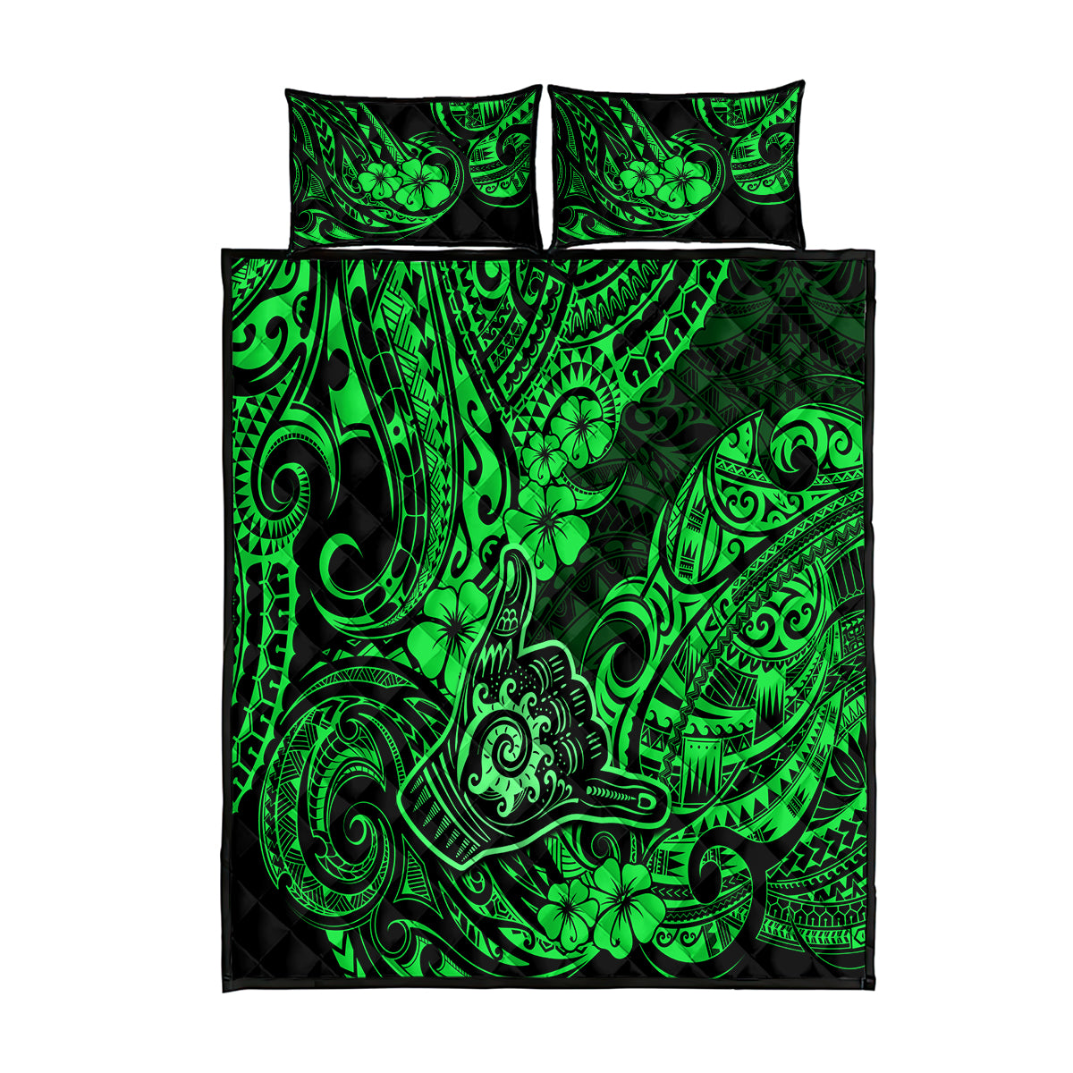 Hawaii Shaka Sign Quilt Bed Set With Polynesian Hibiscus Green Unique - Wonder Print Shop