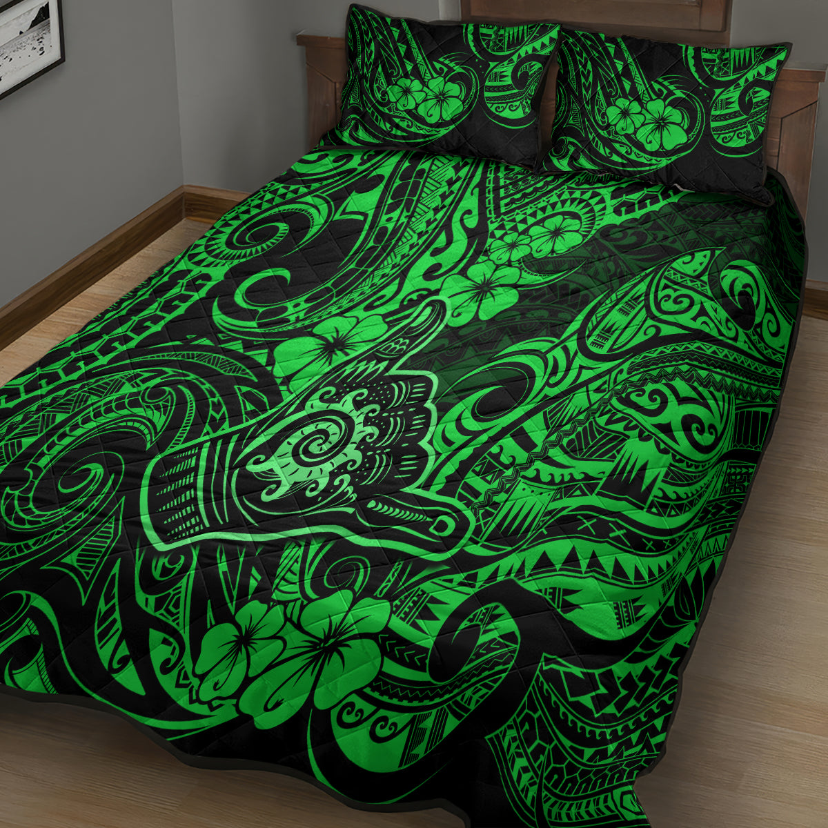 Hawaii Shaka Sign Quilt Bed Set With Polynesian Hibiscus Green Unique - Wonder Print Shop