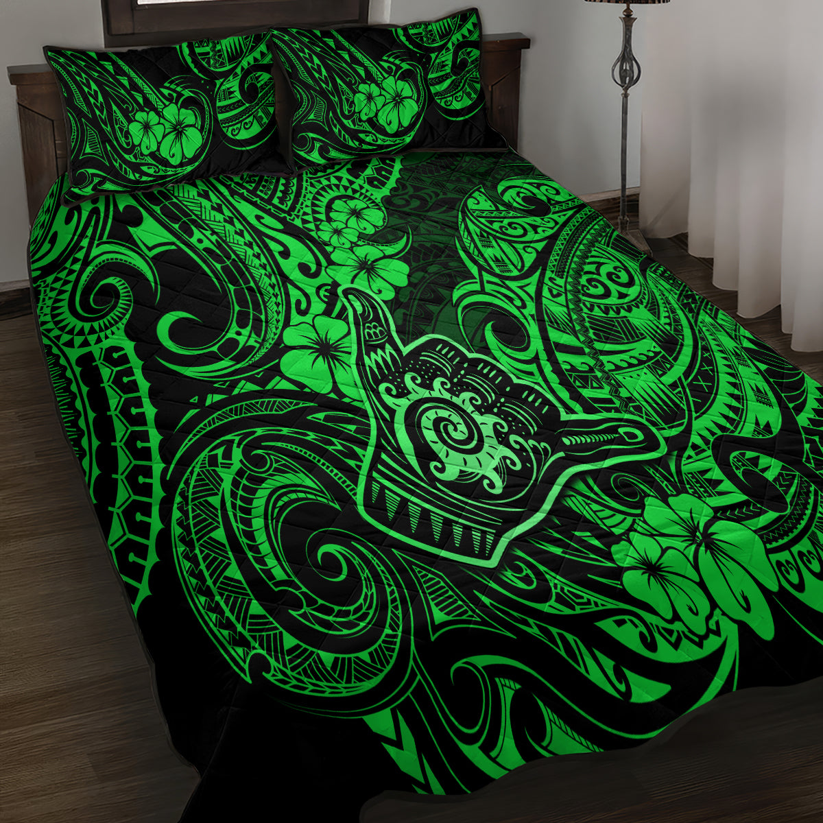 Hawaii Shaka Sign Quilt Bed Set With Polynesian Hibiscus Green Unique - Wonder Print Shop